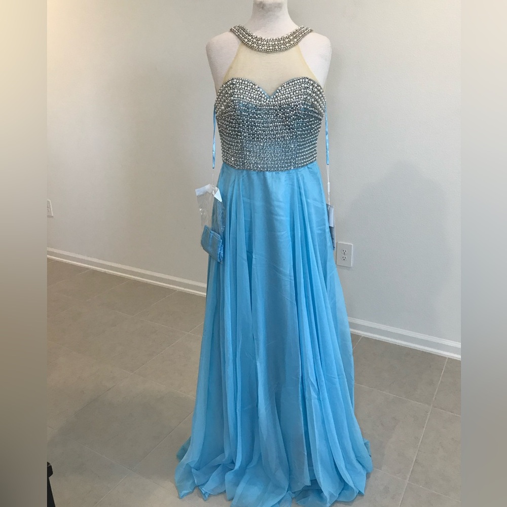 Cinderella Light Blue Jeweled Halter Prom Dress